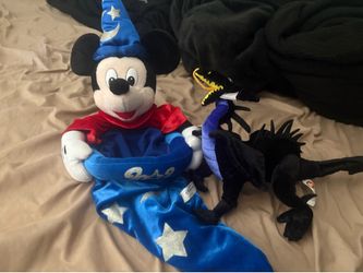 Lot of 2 Disney resort retro like new plush, Disneyland Paris Mickey sorcerer plush hat 2002, 2006 malificent sleeping beauty dragon form.