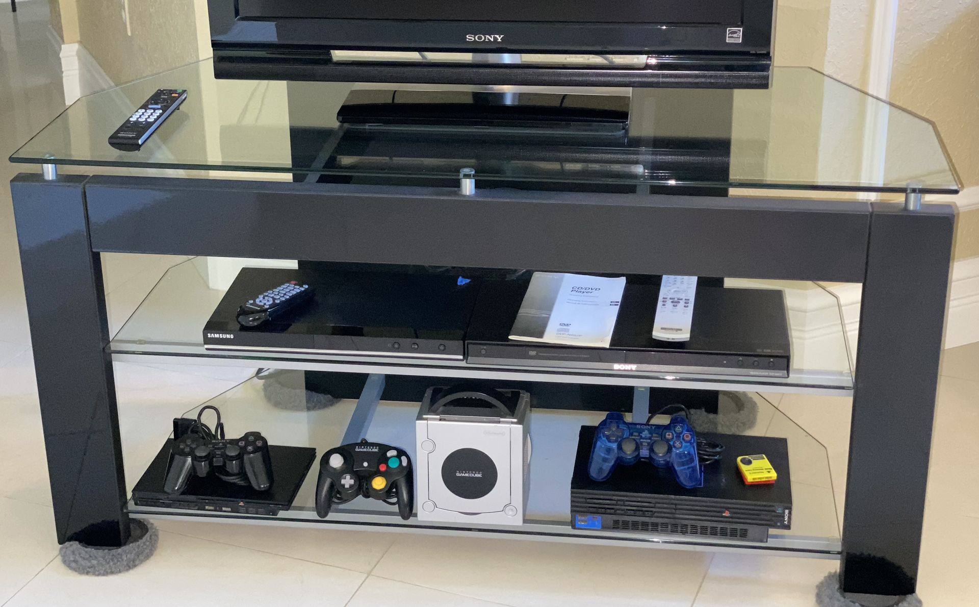 TECH CRAFT TV STAND + GAMING & ELECTRONICS STAND W/THREE TEMPERED GLASS SHELVES MODEL PTV48B-1