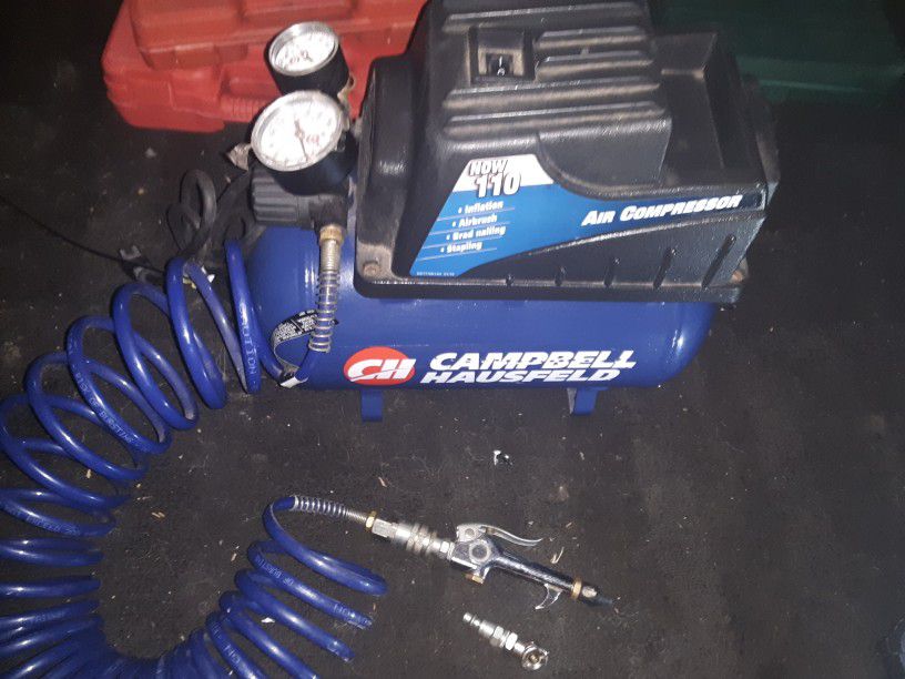 Campbell Hausfield Small Air Compressor With Coil Hose And Air Gun And Air Chuck 