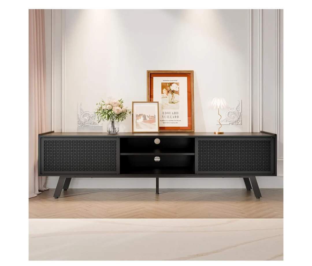 Black TV Stand for 65 70 Inch TV, Modern Iron Rattan TV Console with Sliding Door, Entertainment Center with Storage and Adjustable Shelves, Media Con