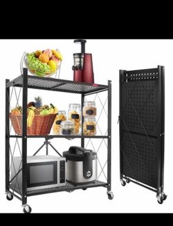 New 3 Tier Foldable Rolling Shelf on Wheels, No Assembly Metal Wire Storage Rack Freestanding Kitchen Appliance Stand with Lockable Casters for Garage
