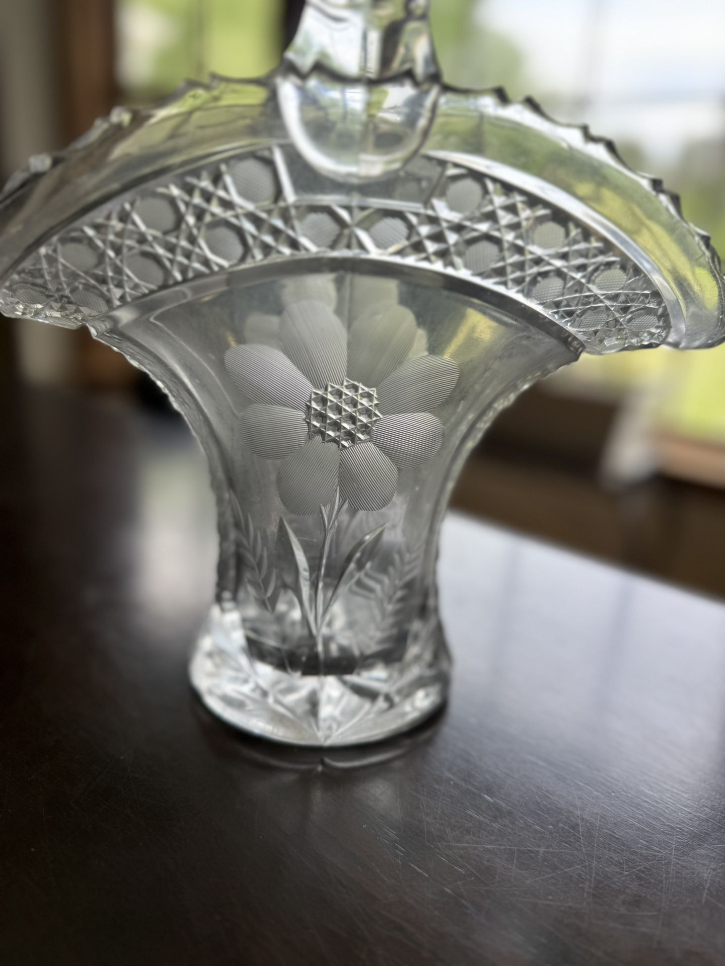 Pressed Glass Floral Basket Vase