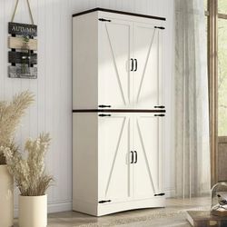 71" Tall Farmhouse Kitchen Pantry Cabinet, 5 Layers Storage Cabinet with Adjustable Shelves, Farmhouse Pantry Cabinet with 4 Barn Doors for Kitchen, D