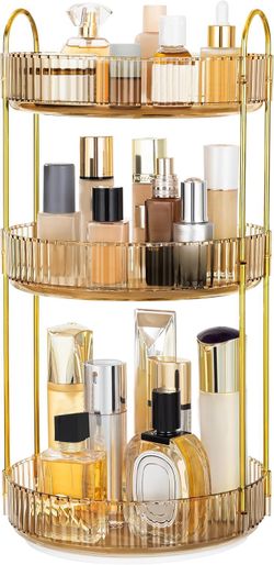 360 Rotating Makeup Organizer Countertop 3 Tier Bathroom Organizer, Spinning Perfume & Skincare Storage, Gold