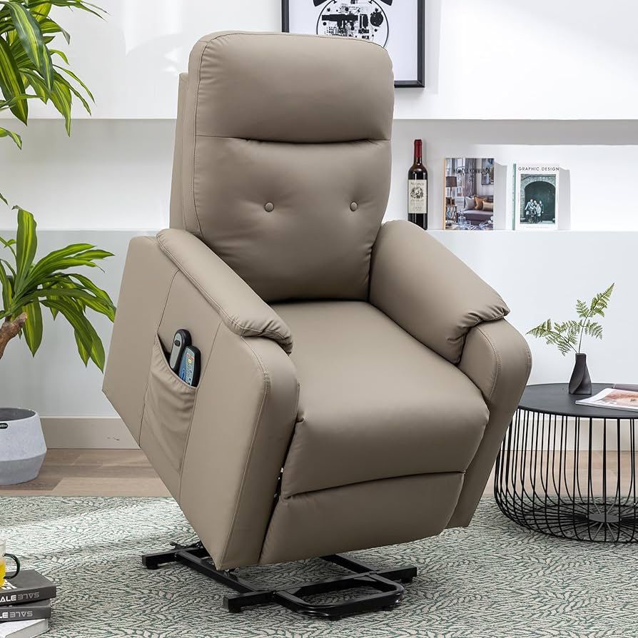 P PURLOVE Power Lift Chair Electric Recliner for Elderly, PU Massage Recliner Chair with Side Pocket, 