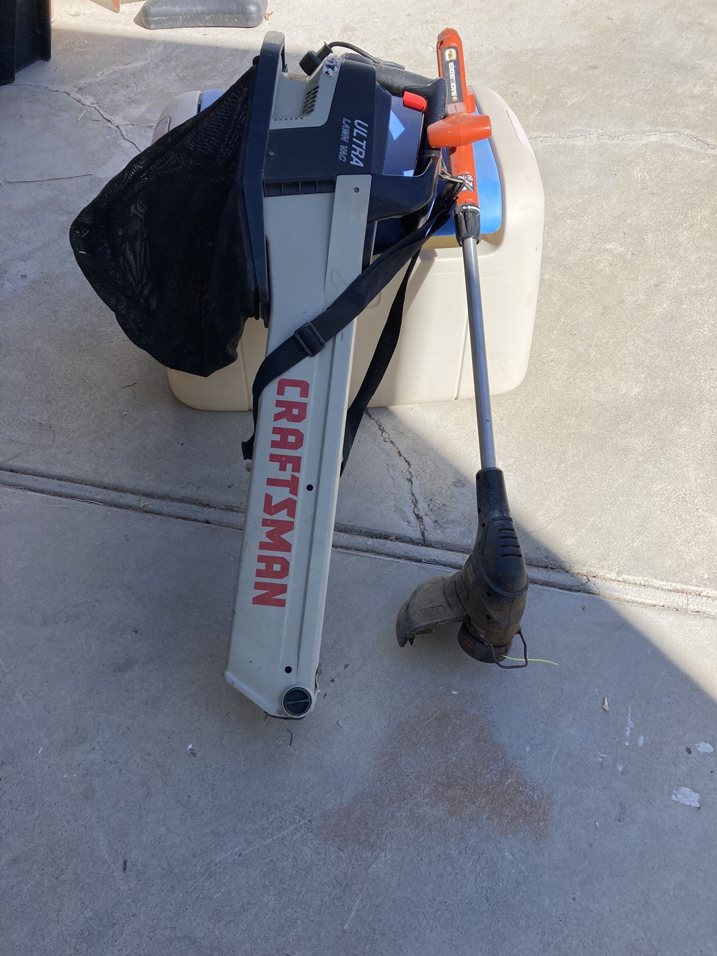 Black-Decker , Electric Trimmer 18 V ($20) Electric Leaf Collector W/net ($20) Both Working Great.