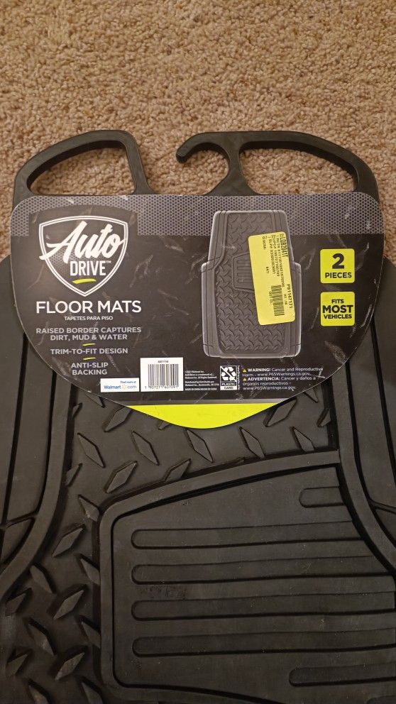 Auto Drive 2PC Rubber Floor Mats Diamond Plate Black - Universal Fit