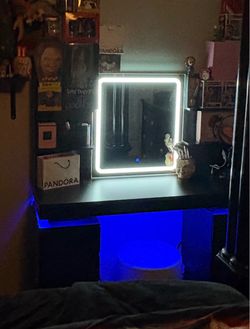Modern Black LED Vanity Makeup Desk with Lighted Mirror & Blue LED Lighting