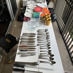 Kitchen Assortment: Dishes, Utensils, Steak Knives, Large Cooking Pot, Food Containers 
