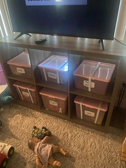 Wood TV Stand with Cube Storage Shelves