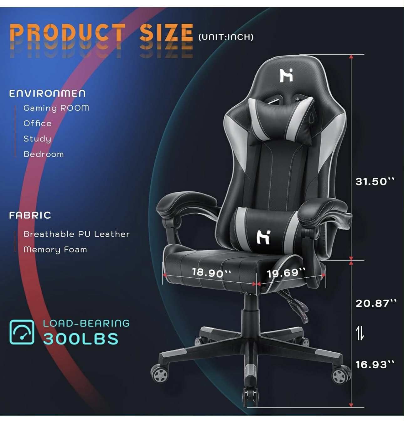 HLDIRECT Gaming Chair, Ergonomic Computer Chair, Height Adjustable Video Game Chair High Back Leather Game Chair 360°-Swivel Seat with Headrest and Lu