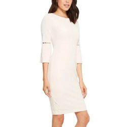 NWT Calvin Klein Blush Sheath Dress Pearl Trim Bell Sleeves Shift Petal Women Size 10