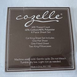 Cozelle CAL KING Sheet Set (Fitted, Flat, 2 Pillow Cases) 600 Thread Count 60/40 Cotton Poly Never Used Still In Original Packaging