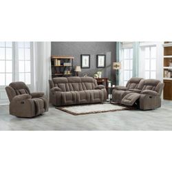 3PC TAN Fabric Manual Reclining Sofa Set