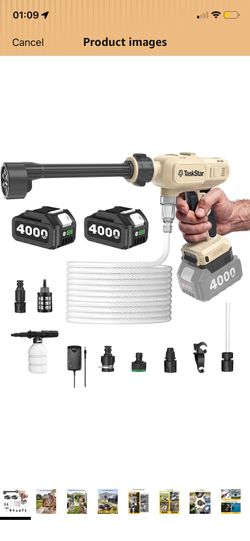 TaskStar Cordless Portable Cleaning Tool: 2X 4.0Ah Batteries Powered Electric Washer with Brushless Motor, 2 Power Modes, 6-in-1 Spray Nozzle, 26FT Ex
