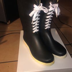 Rain Boots (WEST BLVD) Tall Black And Cream Lace Up Pull On Rain Boots 