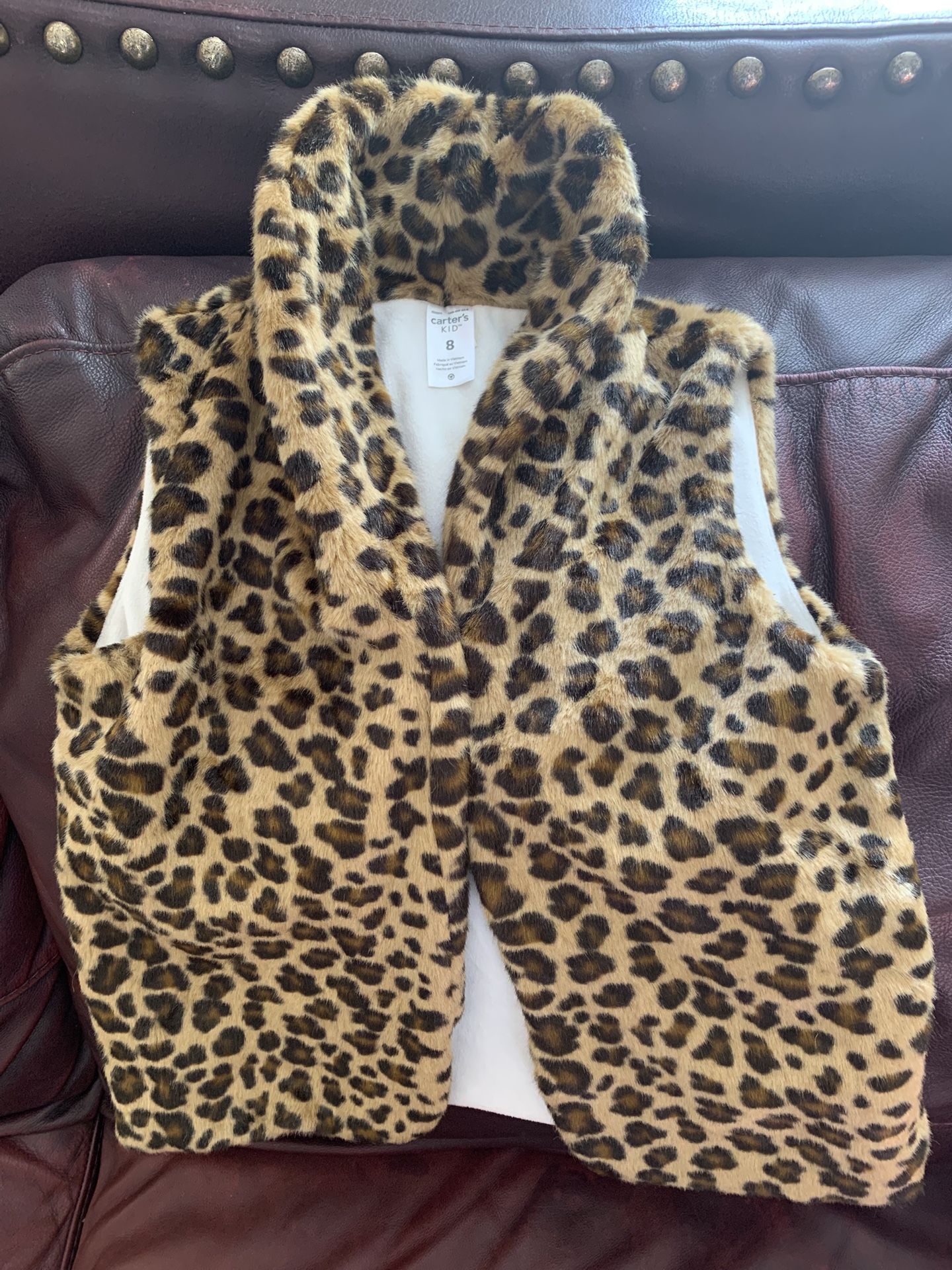 Carters Faux Fur Vest Girls Size 8 Leopard Print Fleece Layering Brown