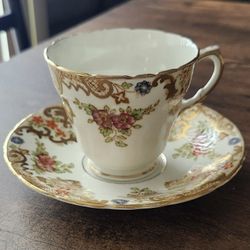 Sutherland China 1930s Tea Cup & Saucer Bone China Hand Painted Footed