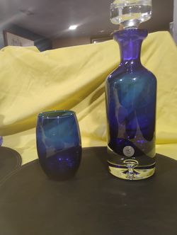 Cobalt Blue Hand Blown Glass Decanter with Stopper By Block-Poland