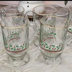 Vintage 8 ARBYS LIBBEY Christmas Holly Berry Gold Rim Glasses