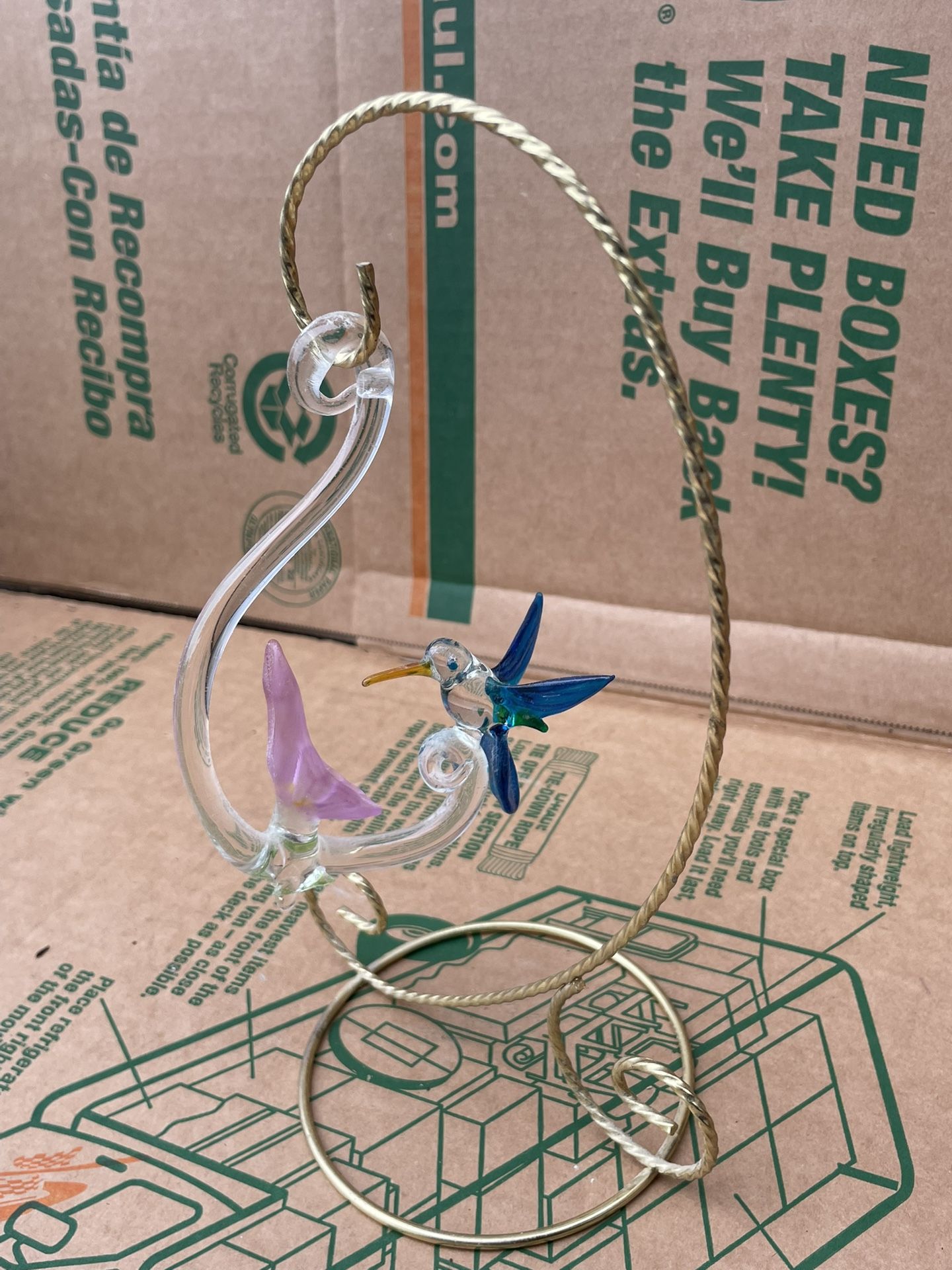 Hanging Blown Glass Hummingbird w/Flower Figurine/Ornament