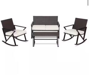 4PCS Wicker Patio Conversation Set Rattan Rocking Chairs Loveseat Table Rocker Set Cushions Porch in Off White Cushion
