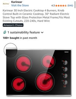 Karinear 30 Inch Electric Cooktop 4 Burners, Knob Control Built-in Ceramic Cooktop, 30" Radiant Electric Stove Top with Glass Protection Metal Frame,F