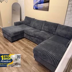 Sectional Sofa Double Chaise Grey Fur-like Jumbo Corduroy 
