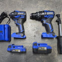Kobalt 24V XTR 1/2" Brushless Hammer Drill 1/4" Impact Driver Batteries Charger