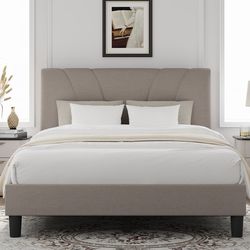Queen Size Beige Linen Platform Bed Frame