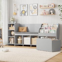 67" W Kids Reading Nook with Bookshelf, Toy Storage Organizer, Grey Cushioned Bench & Large Movable Toy Storage Box on Wheels, 6 Open Cubbies for Ease