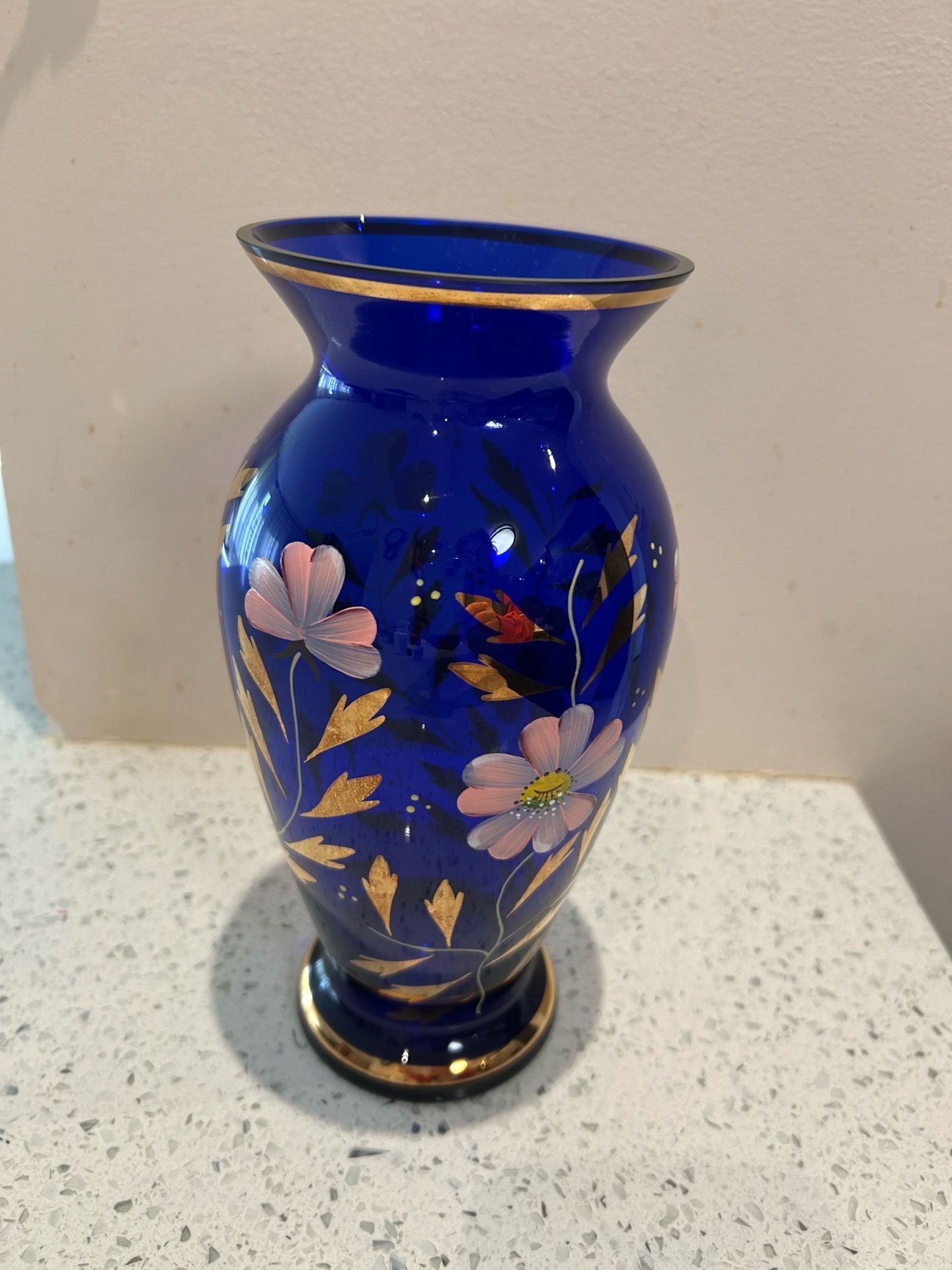 Gorgeous Vase. Decorated Glass. Blue And Gold Pattern. 9,5 Inches High. Great Present .