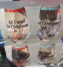4 Pier 1 Christmas stemless wine glass featuring the text "All I want for Christmas is... White Wine!"
