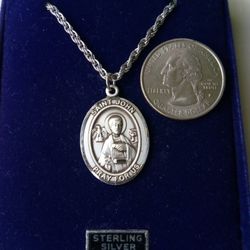 St John Hand-etched, Sterling Silver Medal on a 24-inch stainless steel chain. Religious jewelry.