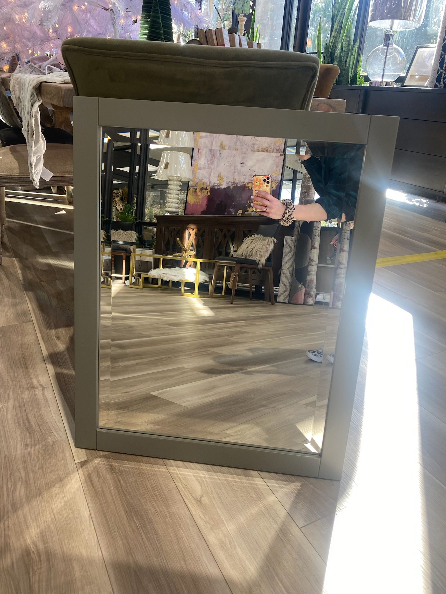 {ONE} Afanasie rectangle wood wall mirror. Has slight wear on backing (see photo) - 30” H x 24” W x 0.75” D. Color: gray. MSRP: $176. Our price: $104 
