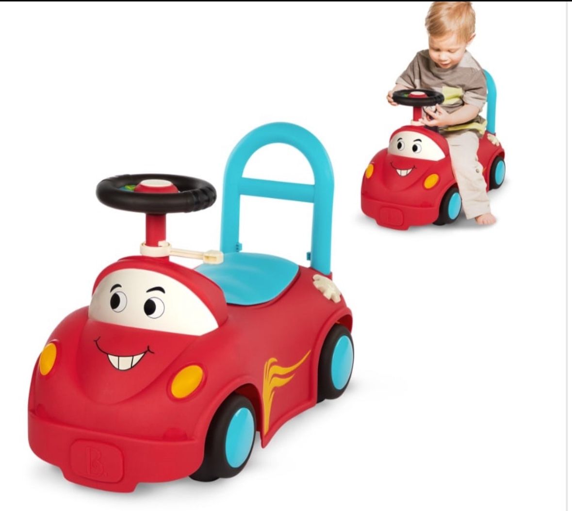 B. Toys – Push CarToy – Ride-On Race Car –Walker Toy - Handle & Storage Space – Lights, Songs & Sounds – 1 Year + – Rollin' Riders - Freddy Zoom Inve