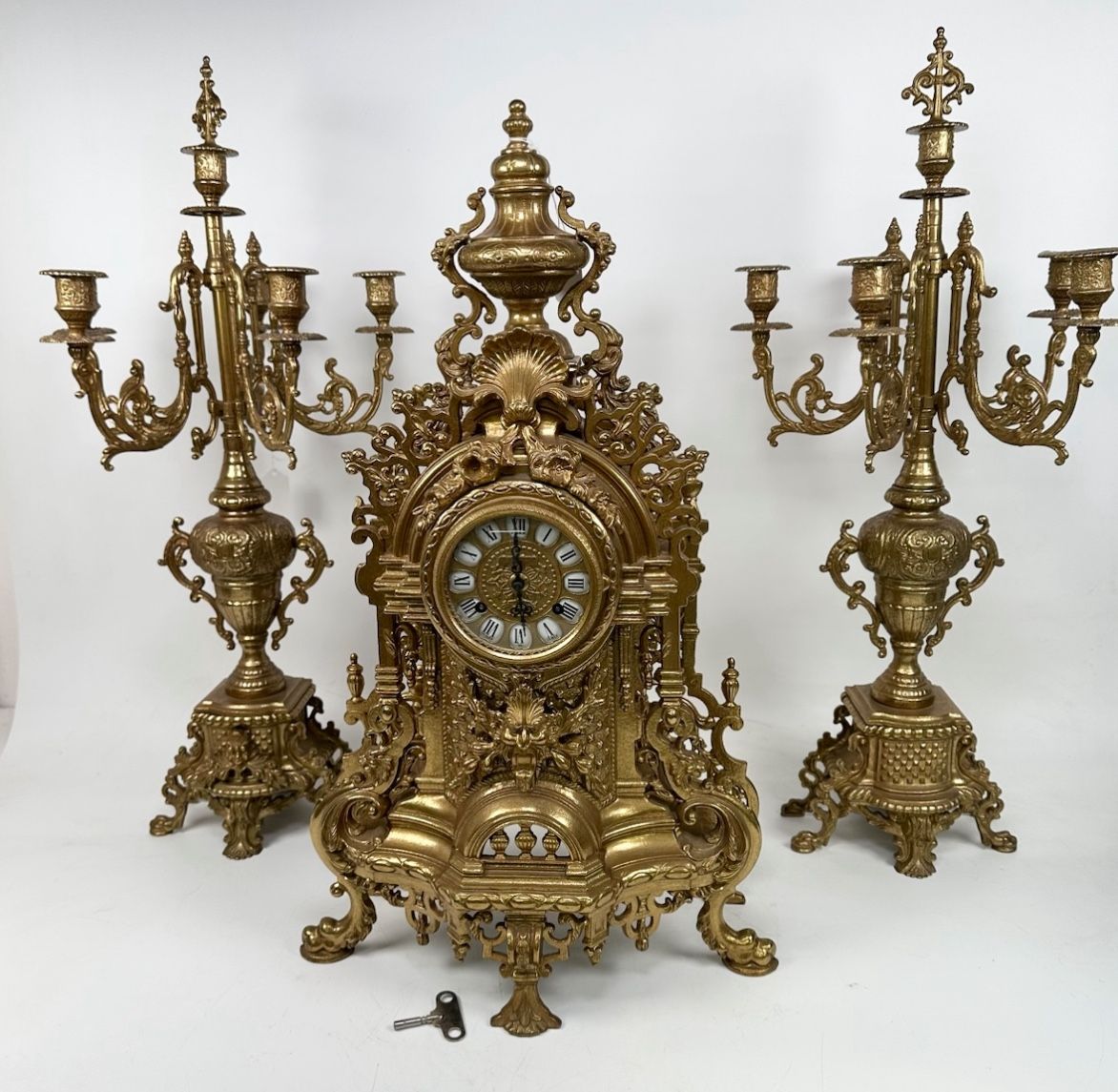 Imperial Italian Franz Hermle Brass Very Ornate Mantle Deco Clock & Candelabras