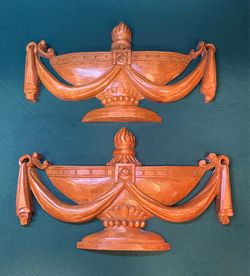 Beautiful pair of decorative wood carved appliqués in “ Urn & Swag “ design