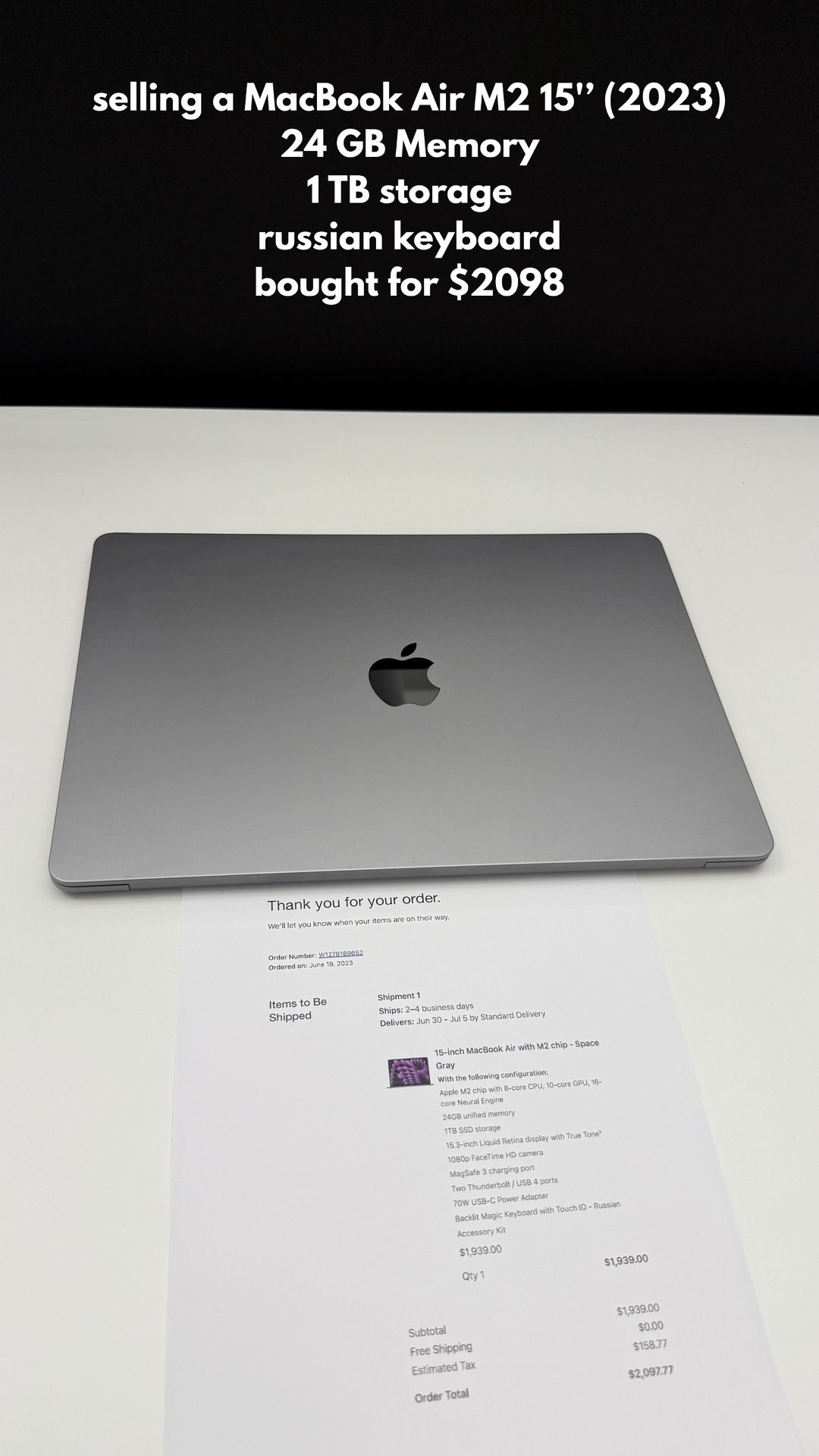 MQKV3LL/A MacBook Air M2 15’’ - 24 GB - 1 TB - russian keyboard condition: like new bought for $2098 price negotiable color: space gray configurat
