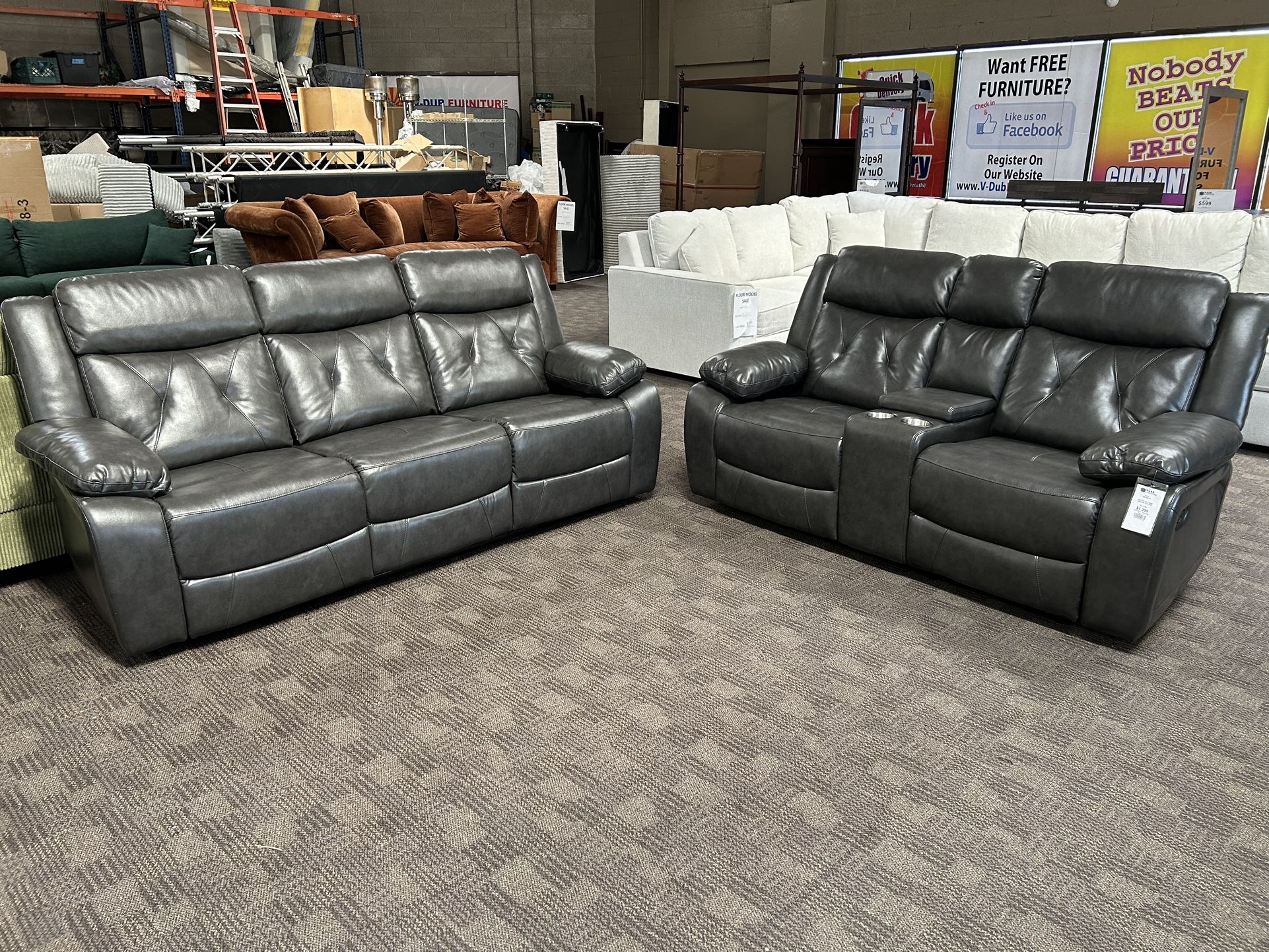 Charcoal Gray Leather Reclining Sofa Set 