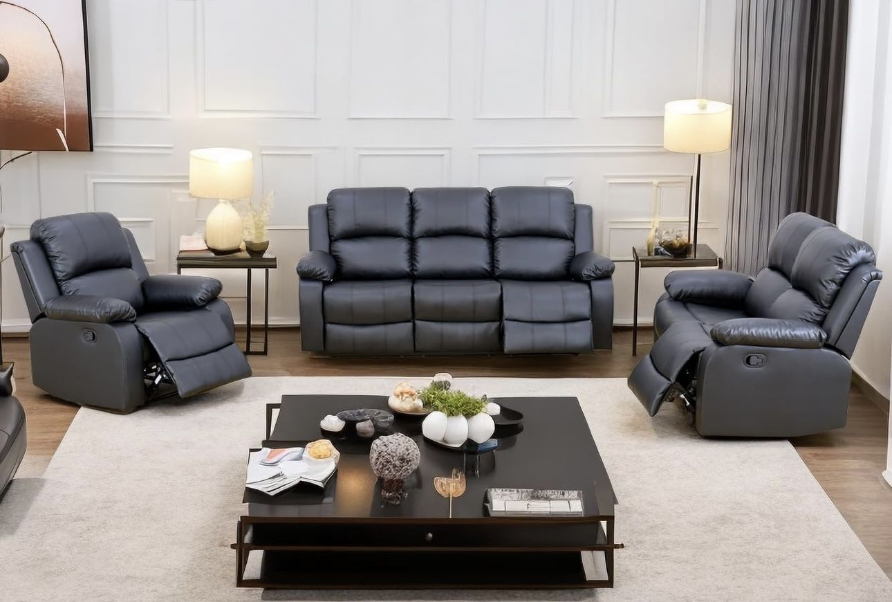 New Black Leather Fully Reclining Couch Set