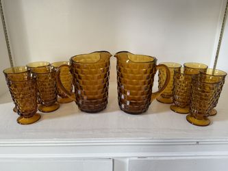 Vintage Indiana Whitehall Amber Glass Cubist Pitcher (2) and Glasses (10)