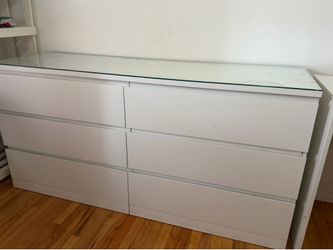 STORKLINTA 6-drawer dresser, white with glass on top