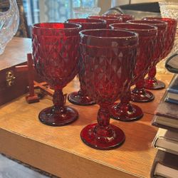 8 Red Diamond Cut Water Goblets 6.75”