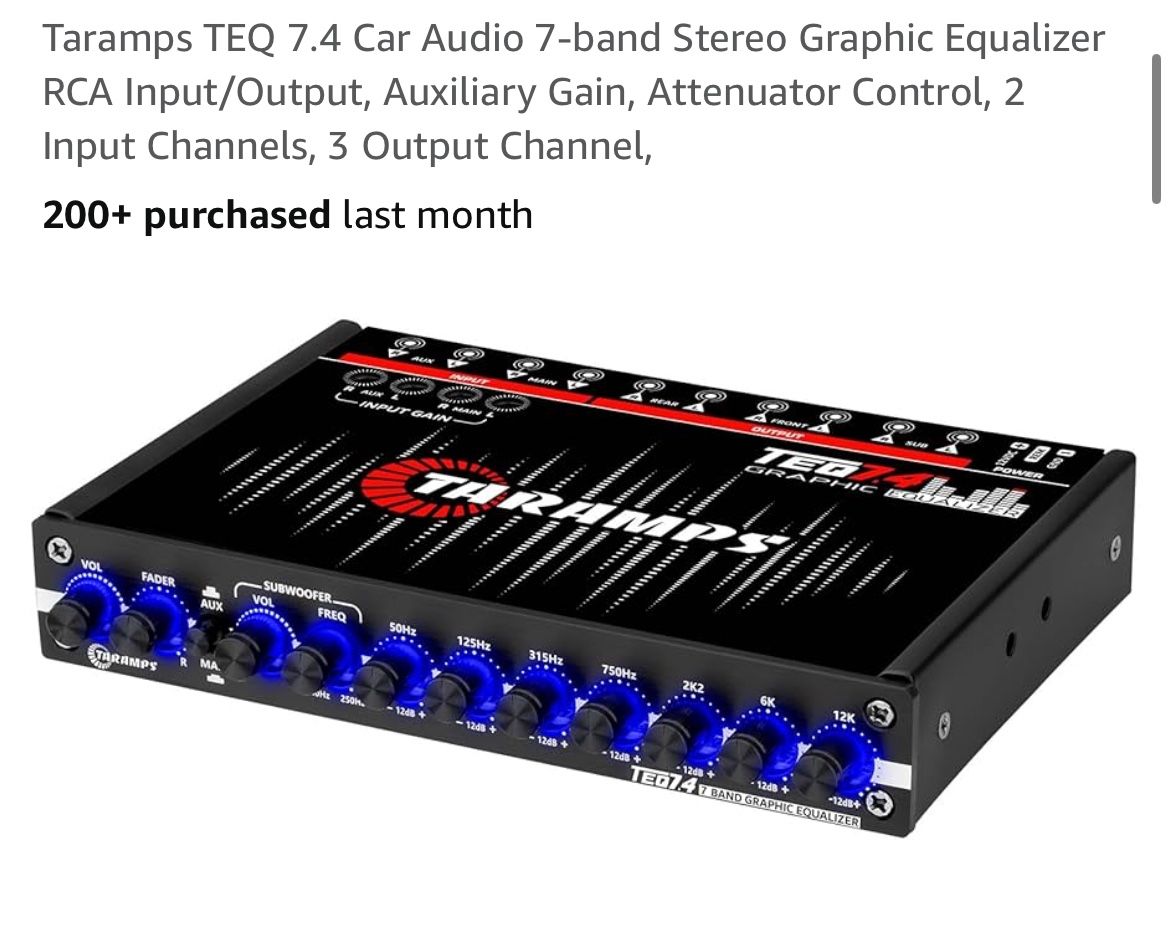 Taramps TEQ 7.4 Car Audio 7-band Stereo Graphic Equalizer RCA Input/Output, Auxiliary Gain, Attenuator Control, 2 Input Channels, 3 Output Channel,