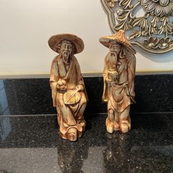 2 Vintage 1966 Ceramic Asian Bearded Wisemen Statues Hand-painted Brown 8”