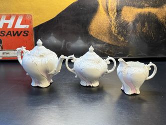 Vintage Porcelain Tea Set Pink White Gold Teapot Sugar Creamer 3pc