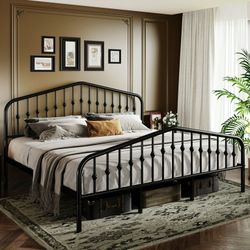 O366 $130  Black King Size Metal Platform Bed Frame with Vintage Victorian Headboard & Footboard, Adult  1. Luxury Design: Metal Headboard with Nice B