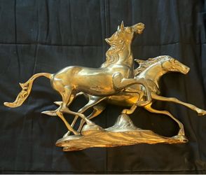 Vintage Solid Brass Running Horses Statue - Large 13.5” Western Decor
