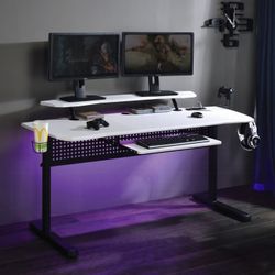 BLACK WHITE GAMING TABLE USB CHARGING PORT DESK HOME OFFICE LED LIGHT GAMERS ESCRITORIO
